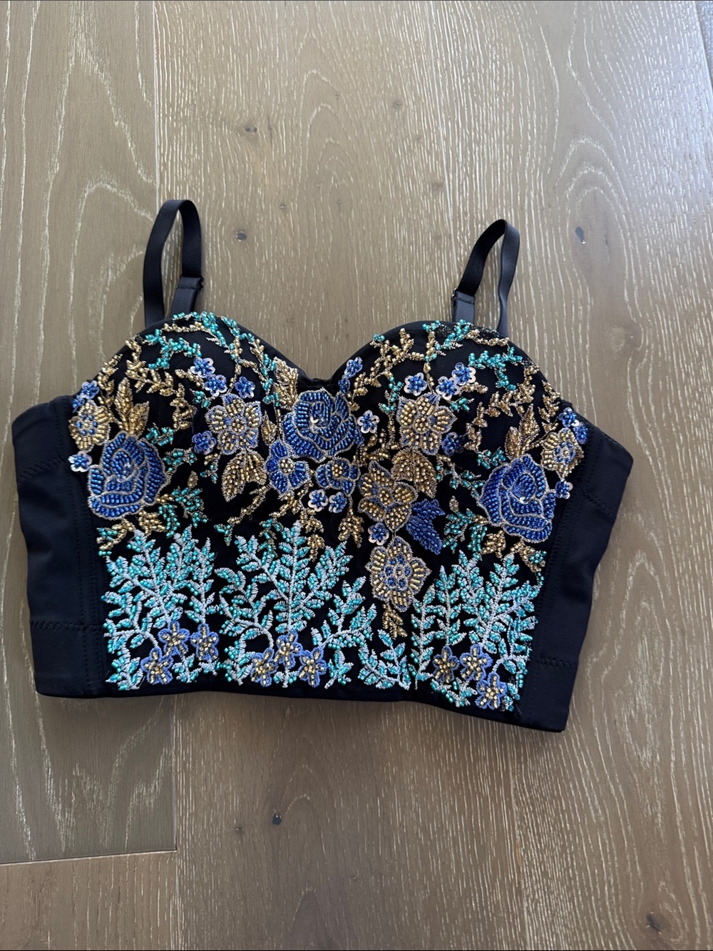 SHEIN Black Beaded Floral Embroidered Bustier Crop Top